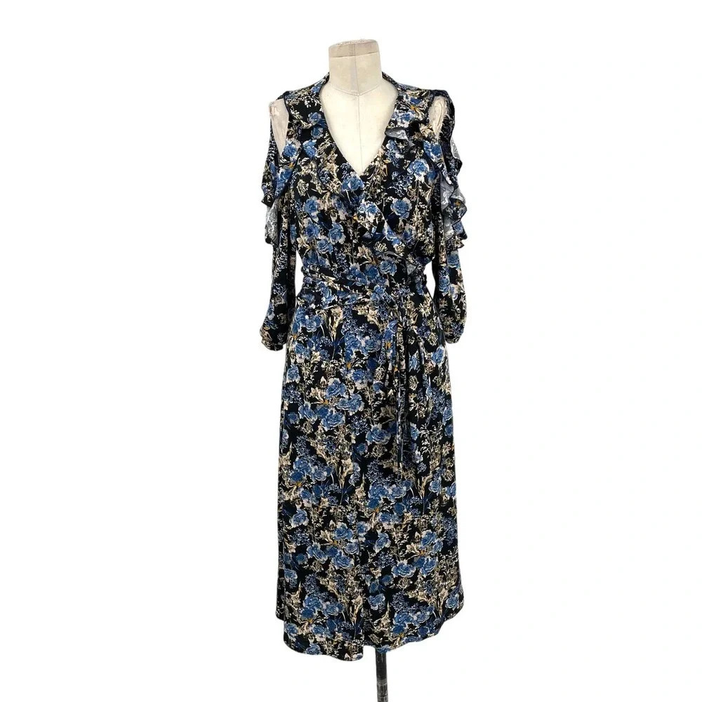 Kiyonna Cold Shoulder Wrap Dress Black Blue Floral Print‎ Plus Size 1X